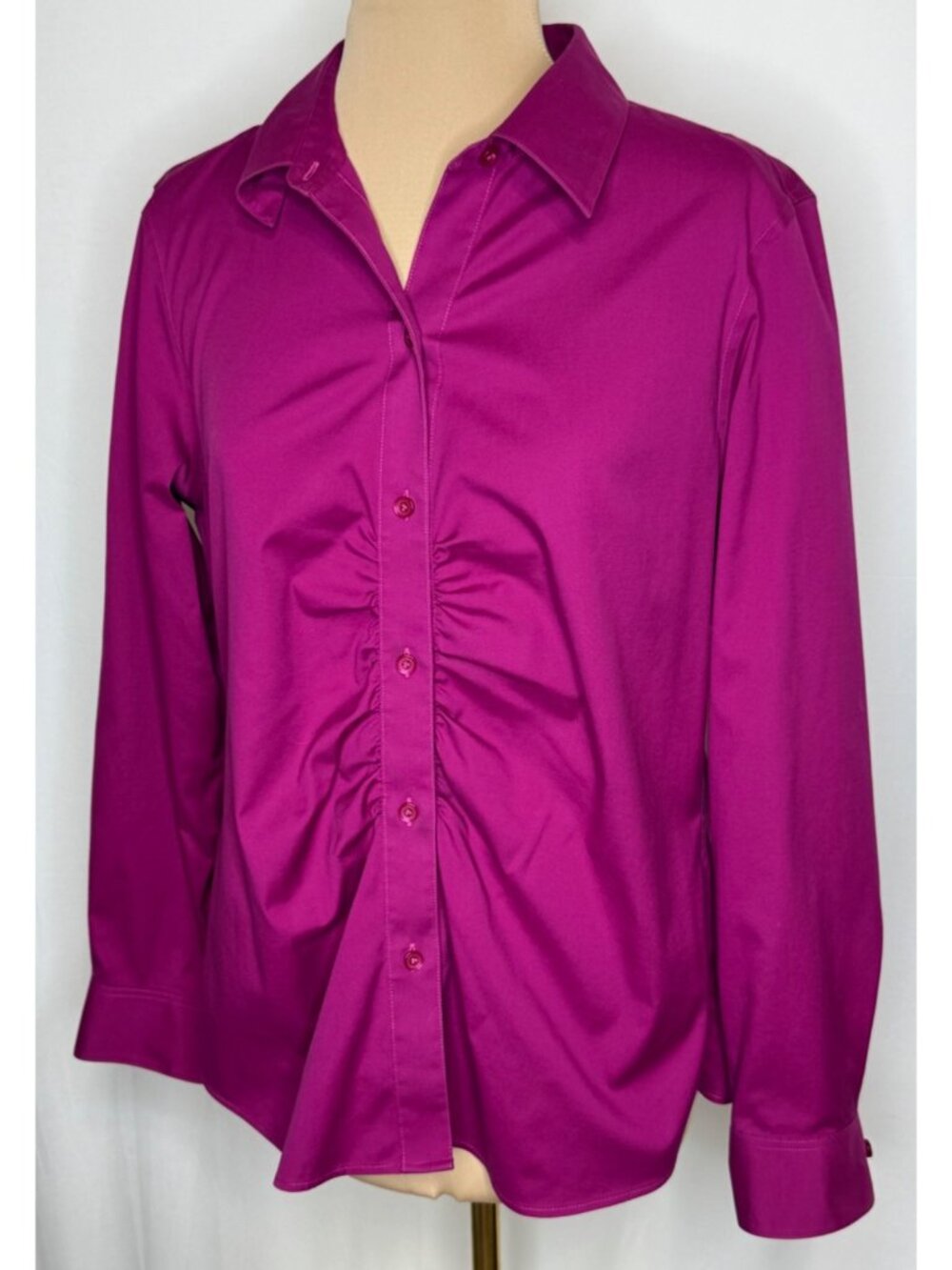 FOXCROFT Non-Iron Stretch Button-Up Shirt Size 12 Fuchsia Pink Fitted Ruched